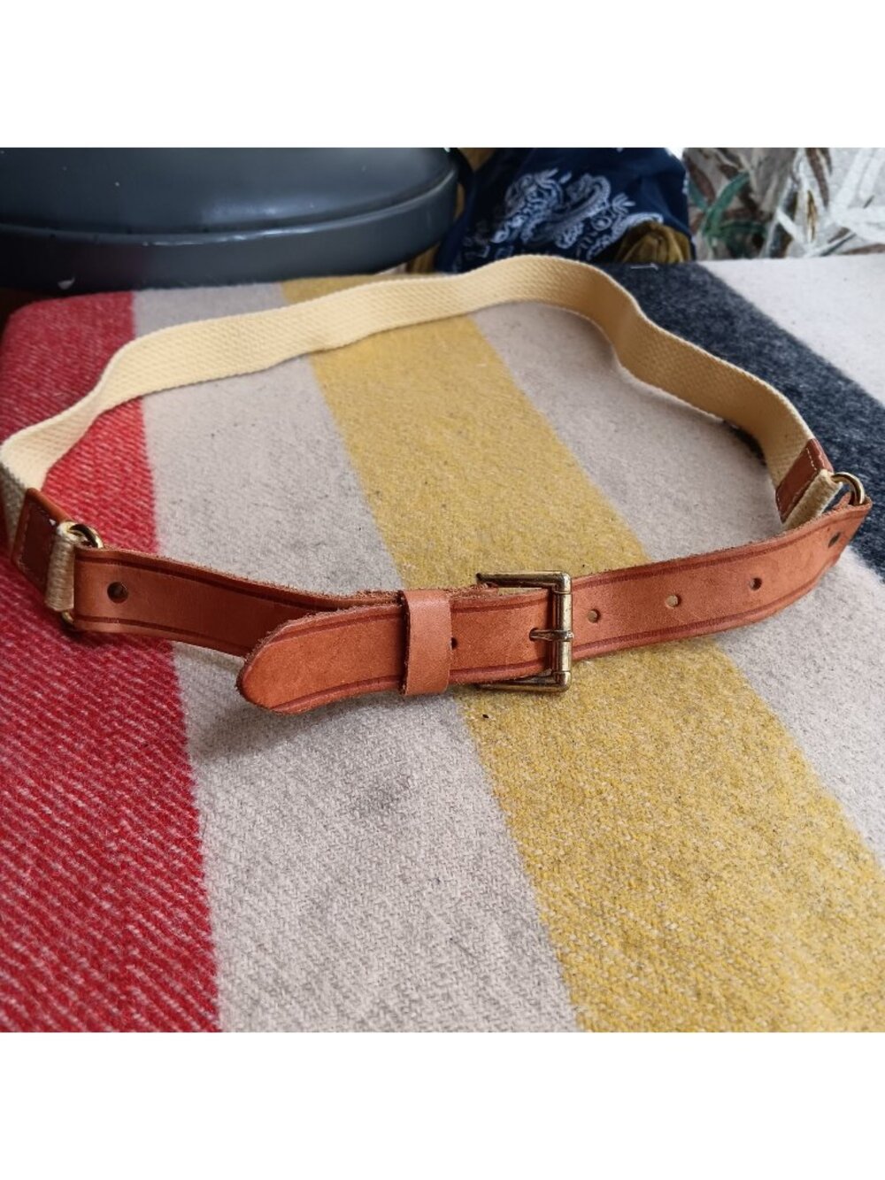 Medium Vintage Leather & Canvas Belt Prepppy Yach Club Brass Buckle USA-Made